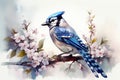 Blue Jay Bird Perching on a Cherry Tree. Watercolor Illustration . AI generated Illustration