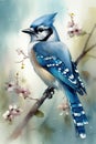 blue jay bird sitting on a branch of a cherry tree