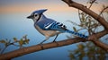 Blue Jay Perched on a Branch at Sunset with Beautiful Colors of Sky Royalty Free Stock Photo