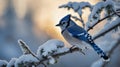 Blue Jay on Snowy Branch in Winter: A Serene Wildlife Portrait Royalty Free Stock Photo
