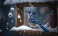 A blue jay perched on a snow shelter in winter gazing negative space filled with falling snowflakes, generative AI