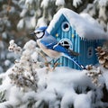 Winter Scene of a Blue Jay at a Birdhouse