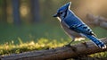 Blue Jay Bird Perched on a Log at Golden Hour Royalty Free Stock Photo