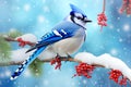 blue jay sitting on a snowy branch, AI Generative Royalty Free Stock Photo