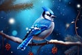 blue jay sitting on a snowy branch, AI Generative Royalty Free Stock Photo