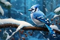 blue jay sitting on a snowy branch, AI Generative Royalty Free Stock Photo