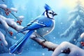 blue jay sitting on a snowy branch, AI Generative Royalty Free Stock Photo