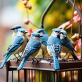 Blue jays gathered at a platform bird feeder filled with sunflower seeds