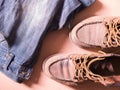 Blue jean with still life of old leather boots, work harder men style Royalty Free Stock Photo