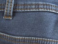 Blue jeans background with double stitching. Close-up. Copy space. Denim texture. The border of the seams.
