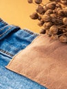Blue jeans with a brown leather blank label and dry linen, close-up. Jeans texture. Fashion denim background for sewing, copy Royalty Free Stock Photo