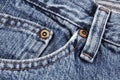 Blue jeans close up detail showing front pocket and waist band and belt loop and studs Royalty Free Stock Photo