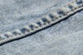 Blue jeans fabric macro seam pattern blurred background. Denim background texture for design. Royalty Free Stock Photo