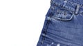 Blue jeans isolated on white background top view flat lay. Detail of nice blue jeans. Jeans texture or denim background. Trend Royalty Free Stock Photo