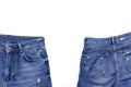 Blue jeans isolated on white background top view flat lay. Detail of nice blue jeans. Jeans texture or denim background. Trend Royalty Free Stock Photo