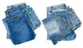 Blue jeans lined in a pile of jeans elements modern women\'s and men\'s fashion pants isolated cut-out background