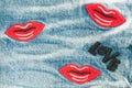 Blue jeans with lip and love word Royalty Free Stock Photo