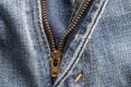 Blue jeans open zipper on background, closeup. Zipper on denim pants blue color Royalty Free Stock Photo