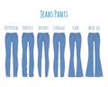 Blue jeans pants collection, sketch vector illustration.