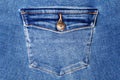 Blue jeans pocket with flap and brass metal button close up, jeans pocket background, blue denim backdrop, jeans pocket pattern Royalty Free Stock Photo