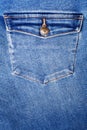 Blue jeans pocket with flap and brass metal button close up, jeans pocket background, blue denim backdrop, jeans pocket pattern Royalty Free Stock Photo