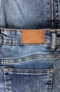 Blue jeans with zipper close-up.Jeans label.Leather label of a blue jeans.Brown leather empty copy space label texture. Back side Royalty Free Stock Photo