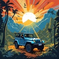 blue jeep car with palm trees on the mountain sunsetting and birds flying Royalty Free Stock Photo