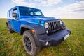 Blue Jeep Wrangler Rubicon Unlimited in wild tulip field near saltwater reservoir lake Manych-Gudilo Royalty Free Stock Photo