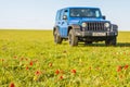 Blue Jeep Wrangler Rubicon Unlimited in wild tulip field near saltwater reservoir lake Manych-Gudilo Royalty Free Stock Photo