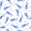 Blue jelly fish and bubbles seamless pattern Watercolor.