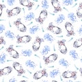 Blue jelly fish and grey fish seamless pattern Watercolor.