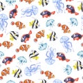 Blue jelly fish and wild fish seamless pattern Watercolor.