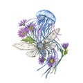 Blue Jellyfish, cicada, chrysanthemum violet flowers isolated on white background. Watercolor hand drawing illustration Royalty Free Stock Photo