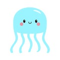 Blue jellyfish icon. Cute kawaii cartoon funny baby character. Blue color. Smiling face. Sea ocean animal. Kids education card, Royalty Free Stock Photo