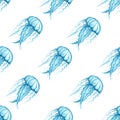 Blue jellyfish on a white background. Seamless pattern. Hand drawn watercolor illustration. Sea life. For textiles, packaging Royalty Free Stock Photo