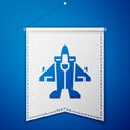 Blue Jet fighter icon isolated on blue background. Military aircraft. White pennant template. Vector