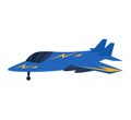 Blue jet fighter with yellow lightning bolts, modern military aircraft in flight. Powerful airforce technology