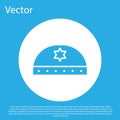 Blue Jewish kippah with star of david icon isolated on blue background. Jewish yarmulke hat. White circle button. Vector