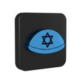 Blue Jewish kippah with star of david icon isolated on transparent background. Jewish yarmulke hat. Black square button.