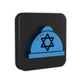 Blue Jewish kippah with star of david icon isolated on transparent background. Jewish yarmulke hat. Black square button.