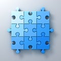 Blue jigsaw puzzle pieces concept on white wall background with shadow