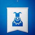 Blue Joker head icon isolated on blue background. Jester sign. White pennant template. Vector