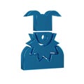 Blue Joker head icon isolated on transparent background. Jester sign.