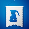 Blue Jug glass with water icon isolated on blue background. Kettle for water. Glass decanter with drinking water. White