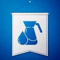 Blue Jug glass with water icon isolated on blue background. Kettle for water. Glass decanter with drinking water. White