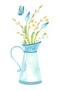Blue jug with spring flowers, pussy willow and butterfly.