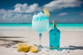 Blue juice on the beach, Concept of summer traveling, vocation AI generation