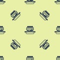 Blue Junk food icon isolated seamless pattern on yellow background. Prohibited hot dog. No Fast food sign. Vector Royalty Free Stock Photo
