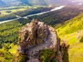 Blue Katun river and Chertov palets Altai mountains republic Russia, aerial top view Royalty Free Stock Photo