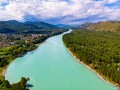 Blue Katun river lake Aya Altai mountains republic Russia, aerial top view Royalty Free Stock Photo